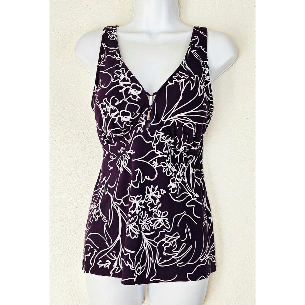 AQUA GREEN Tankini Swimsuit Top Sz L Purple White Abstract Floral Sexy Beach #02